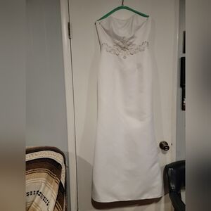 David's Bridal White Strapless Dress with Silver Embroidery